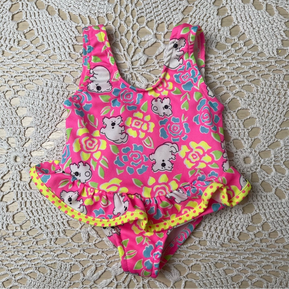 Vintage 1990s Baby Girl 12 Months Neon Pink Koala Novelty Print Skirted Swimsuit
